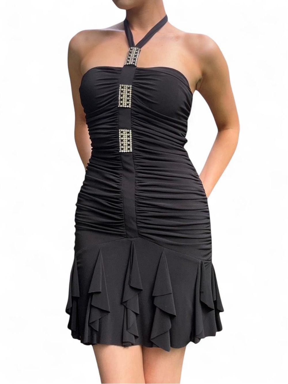 Jessica McClintock Black Strapless Ruched Dress with Gem Accents